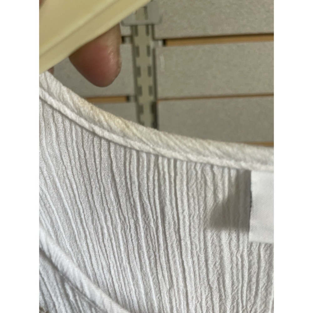 D & Co Denim And Company White W/tan Embroidery Neck Tassels Ribbed Short Sleeve - Picture 3 of 7